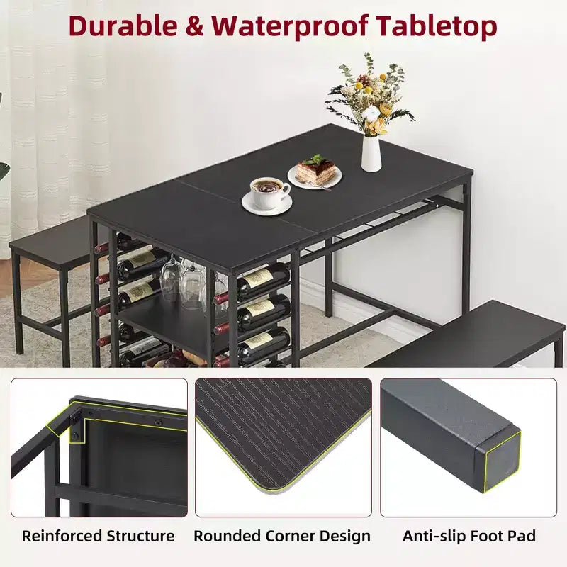 4-Person Dining Table Set with 2 Benches - 3-Piece Kitchen Table with Built-in Wine Rack & Storage for Small Spaces Apartment