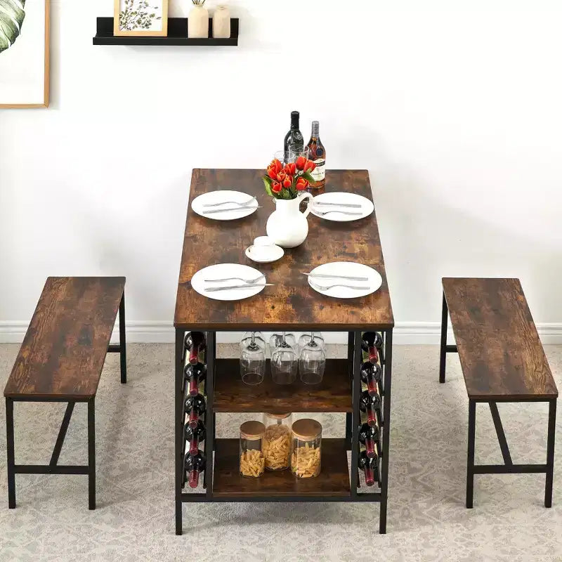 4-Person Dining Table Set with 2 Benches - 3-Piece Kitchen Table with Built-in Wine Rack & Storage for Small Spaces Apartment