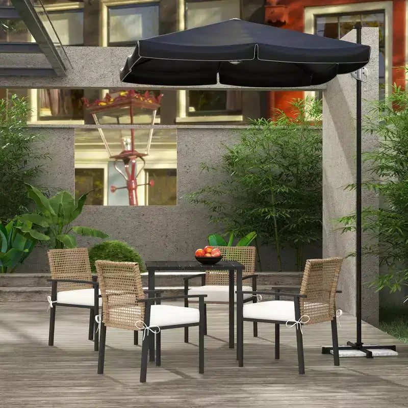 5-delige Eetkamerset voor Buiten voor 4 Personen, Wicker-rattan Tuinmeubelset, Terrastafel- en Stoelenset met Kussens, Vierkant Metalen Tafelblad