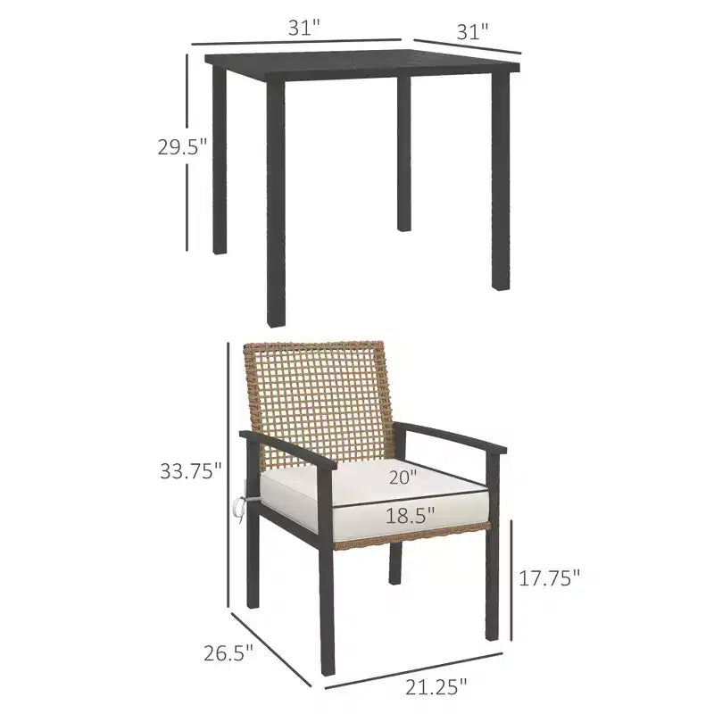 5-delige Eetkamerset voor Buiten voor 4 Personen, Wicker-rattan Tuinmeubelset, Terrastafel- en Stoelenset met Kussens, Vierkant Metalen Tafelblad