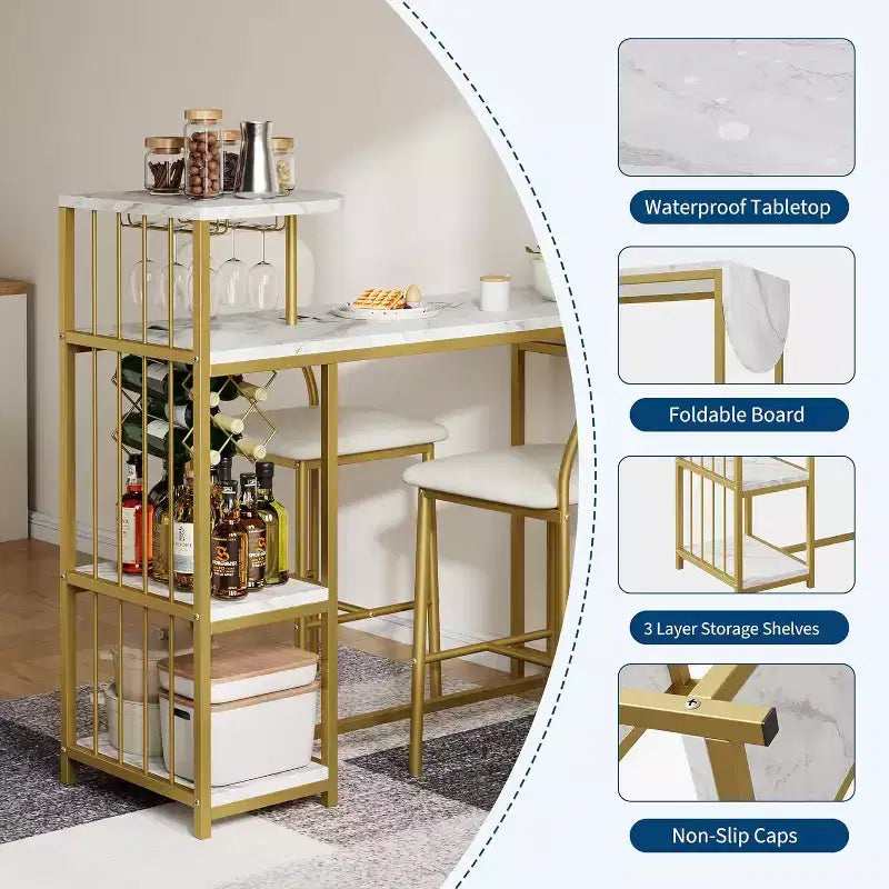 2-Person Dining Table Set with Storage Shelf and Wine Rack, Suitable for Living Room or Bedroom