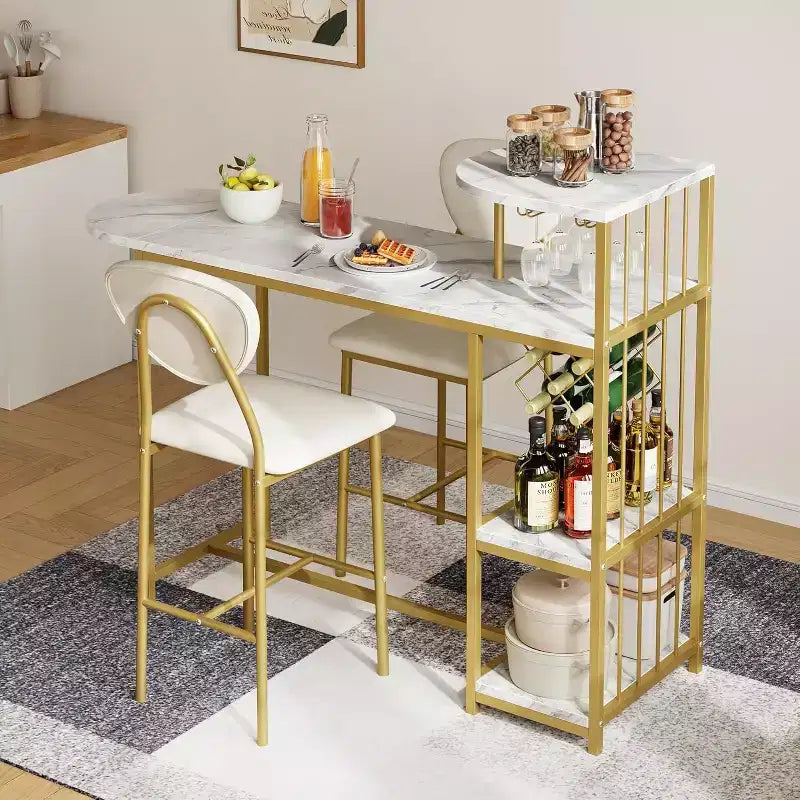 2-Person Dining Table Set with Storage Shelf and Wine Rack, Suitable for Living Room or Bedroom