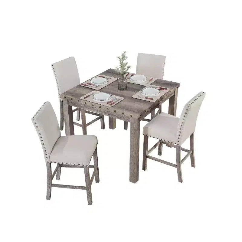 Wooden Dining Set - Modern Farmhouse Style Rectangular Table & Upholstered Chairs for Kitchen & Dining Room (Beige)-Morden Fort
