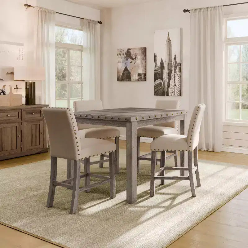 Wooden Dining Set - Modern Farmhouse Style Rectangular Table & Upholstered Chairs for Kitchen & Dining Room (Beige)-Morden Fort