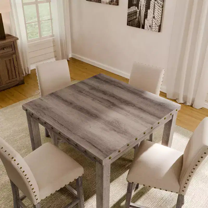 Wooden Dining Set - Modern Farmhouse Style Rectangular Table & Upholstered Chairs for Kitchen & Dining Room (Beige)-Morden Fort