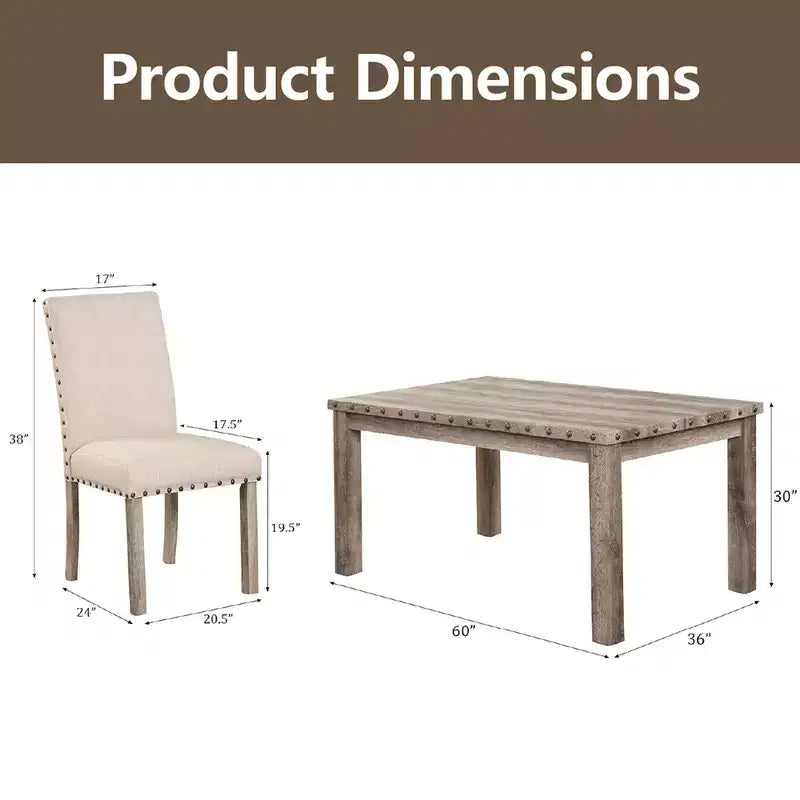 Wooden Dining Set - Modern Farmhouse Style Rectangular Table & Upholstered Chairs for Kitchen & Dining Room (Beige)-Morden Fort