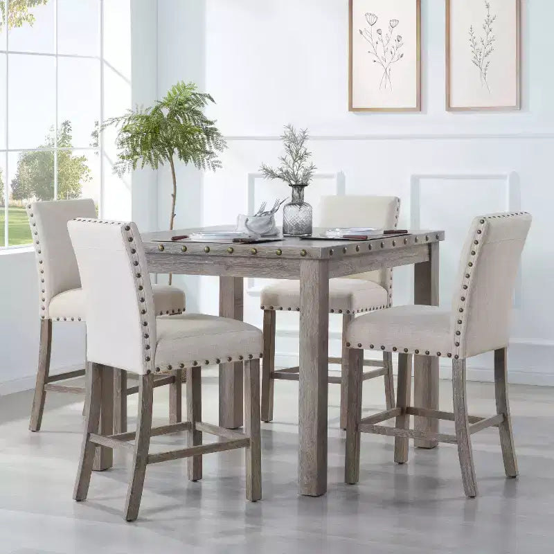 Wooden Dining Set - Modern Farmhouse Style Rectangular Table & Upholstered Chairs for Kitchen & Dining Room (Beige)-Morden Fort