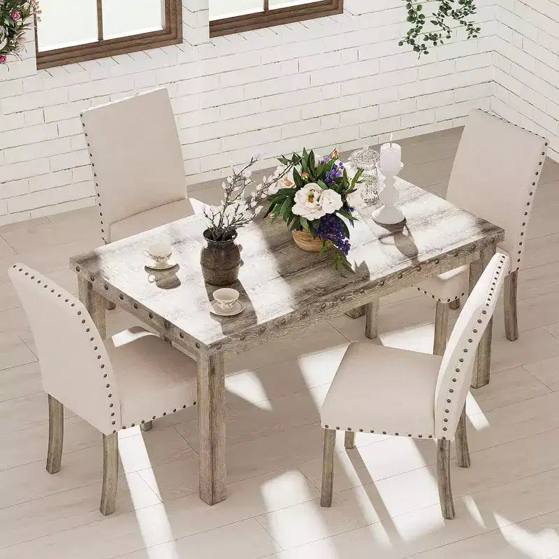 Wooden Dining Set - Modern Farmhouse Style Rectangular Table & Upholstered Chairs for Kitchen & Dining Room (Beige)-Morden Fort