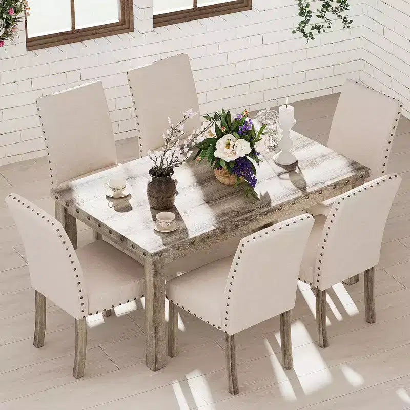 Wooden Dining Set - Modern Farmhouse Style Rectangular Table & Upholstered Chairs for Kitchen & Dining Room (Beige)-Morden Fort
