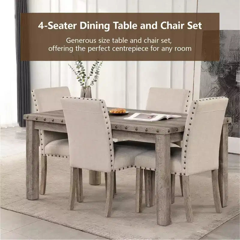 Wooden Dining Set - Modern Farmhouse Style Rectangular Table & Upholstered Chairs for Kitchen & Dining Room (Beige)-Morden Fort