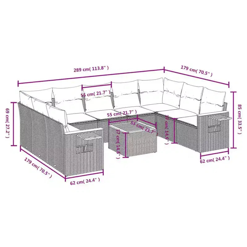 vidaXL 10-delige loungeset voor buiten met kussens, grijs polyrotan (alleen in de VS)