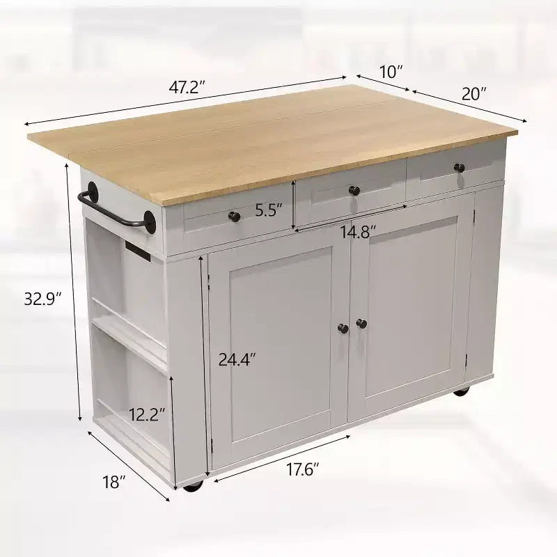 Rolling Kitchen Island with Drop Leaf Countertop and Storage