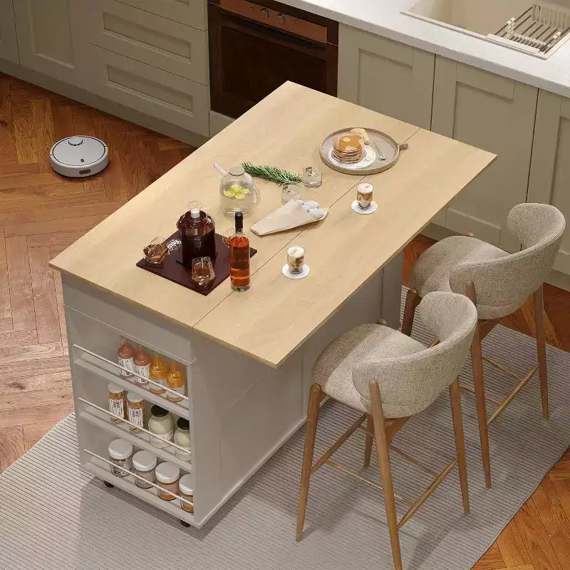 Rolling Kitchen Island with Drop Leaf Countertop and Storage