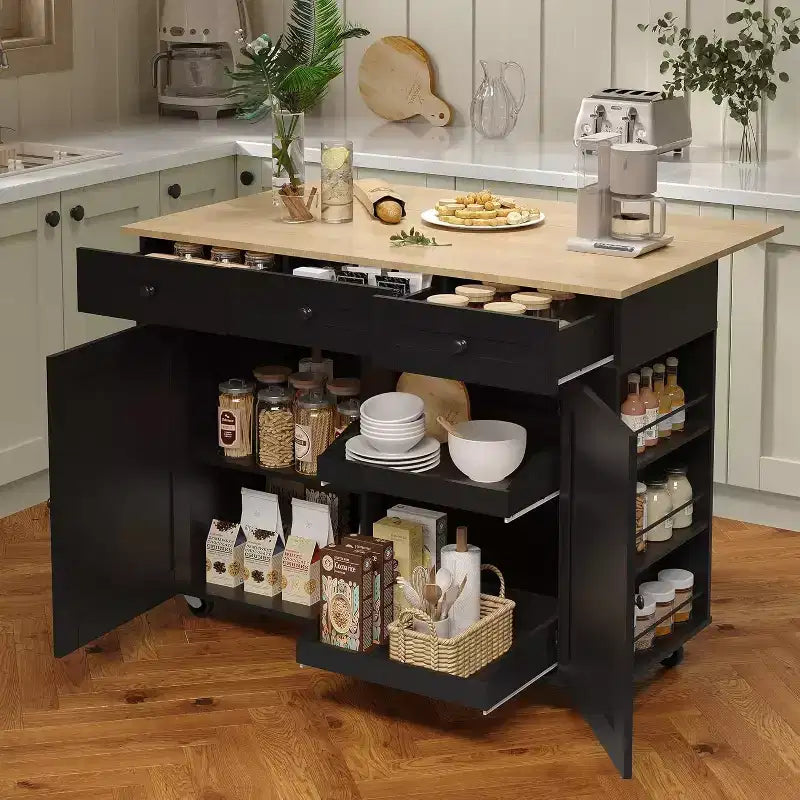 Rolling Kitchen Island with Drop Leaf Countertop and Storage