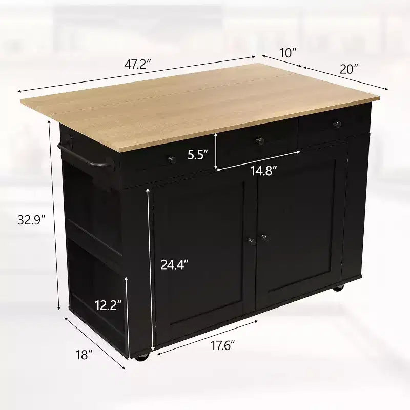 Rolling Kitchen Island with Drop Leaf Countertop and Storage