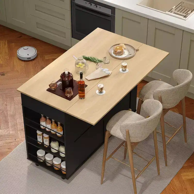 Rolling Kitchen Island with Drop Leaf Countertop and Storage