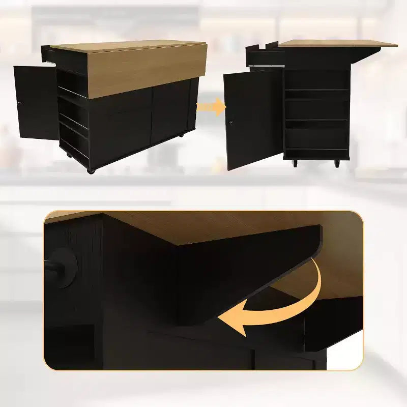 Rolling Kitchen Island with Drop Leaf Countertop and Storage