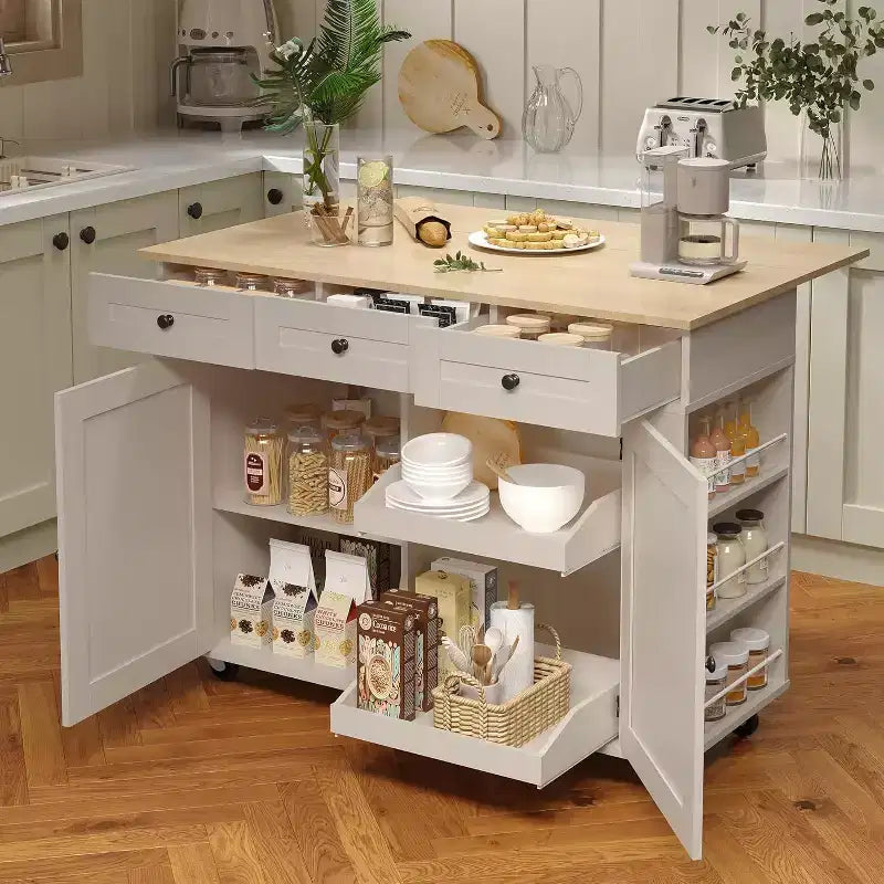 Rolling Kitchen Island with Drop Leaf Countertop and Storage