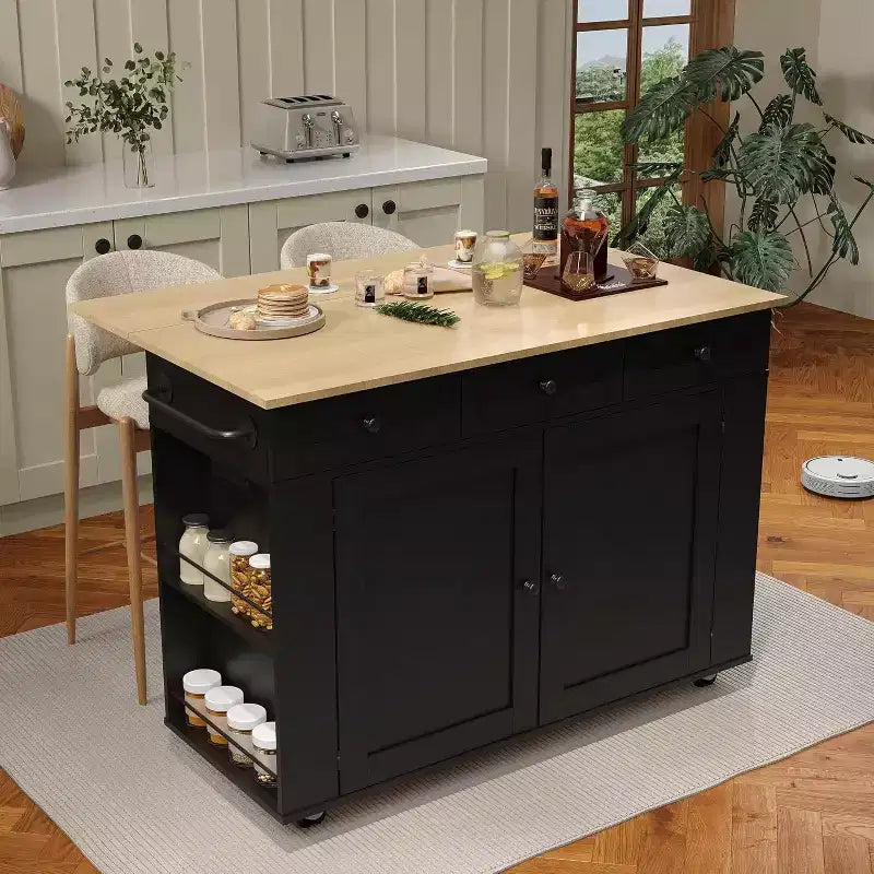 Rolling Kitchen Island with Drop Leaf Countertop, Charging Station & Ample Storage, Mobile Kitchen Cart On Wheels with Pull-Out Shelves
