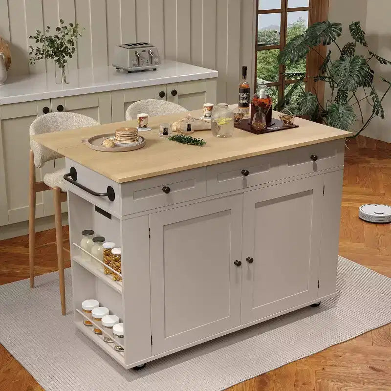 Rolling Kitchen Island with Drop Leaf Countertop and Storage