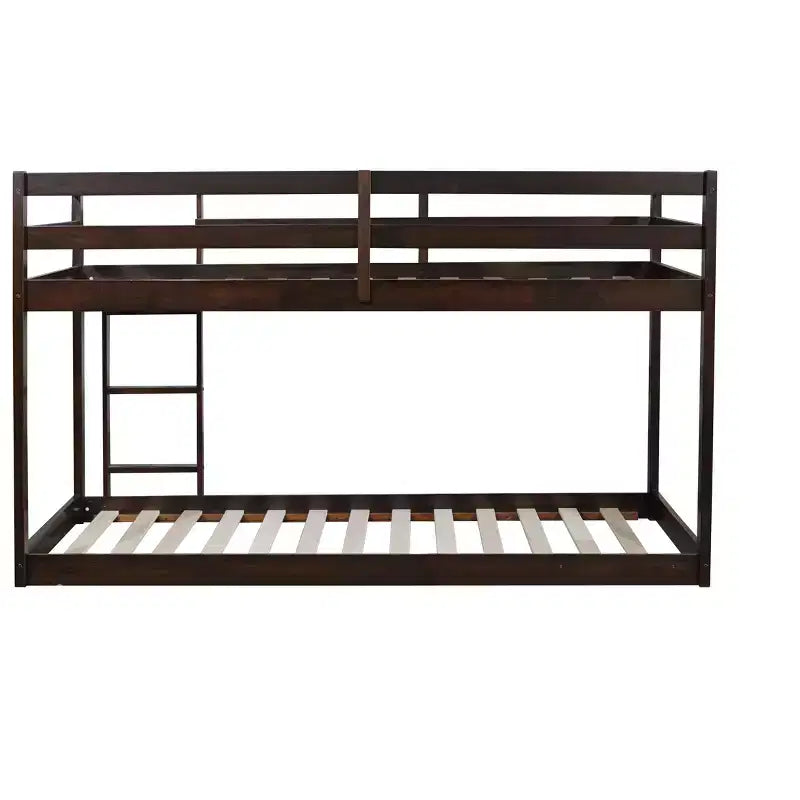 Twin over Twin Low Bunk Bed with Ladder, Guardrails, Plywood Slats and Under-Bed Storage Space
