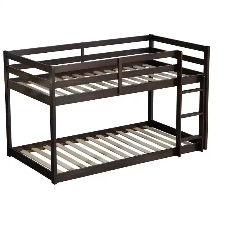 Twin over Twin Low Bunk Bed with Ladder, Guardrails, Plywood Slats and Under-Bed Storage Space