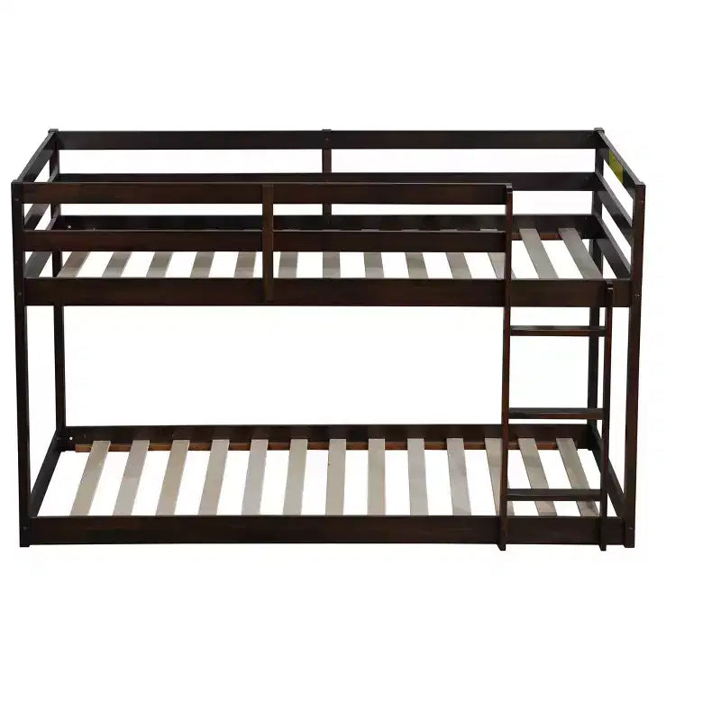 Twin over Twin Low Bunk Bed with Ladder, Guardrails, Plywood Slats and Under-Bed Storage Space