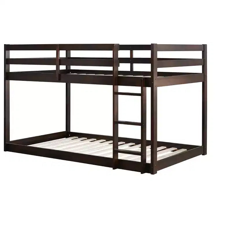 Twin over Twin Low Bunk Bed with Ladder, Guardrails, Plywood Slats and Under-Bed Storage Space