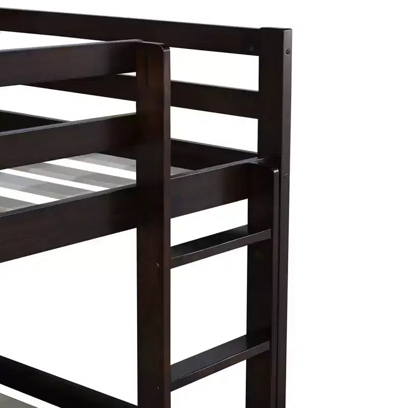 Twin over Twin Low Bunk Bed with Ladder, Guardrails, Plywood Slats and Under-Bed Storage Space