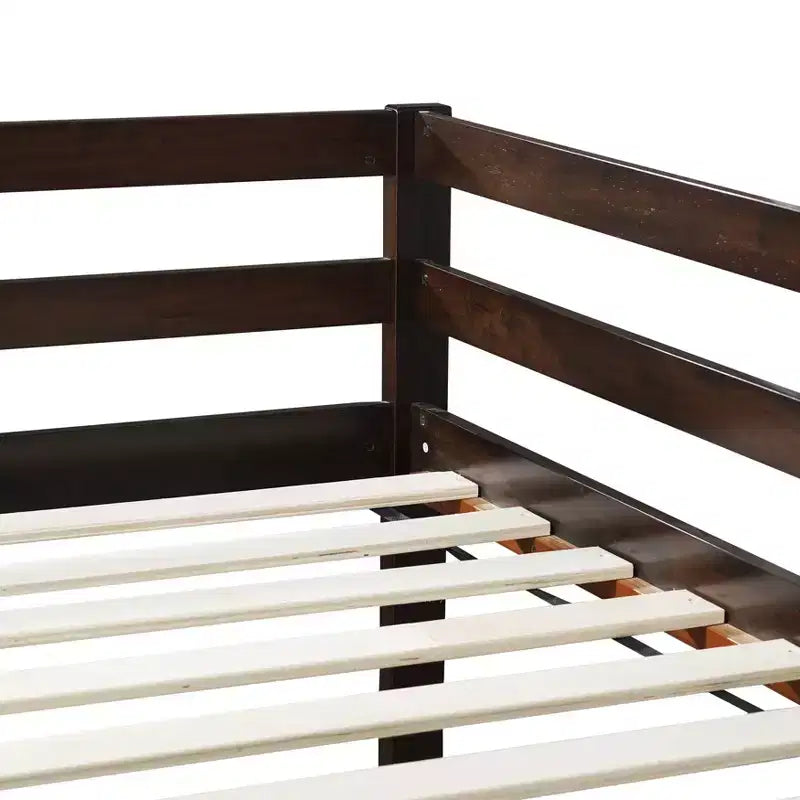 Twin over Twin Low Bunk Bed with Ladder, Guardrails, Plywood Slats and Under-Bed Storage Space