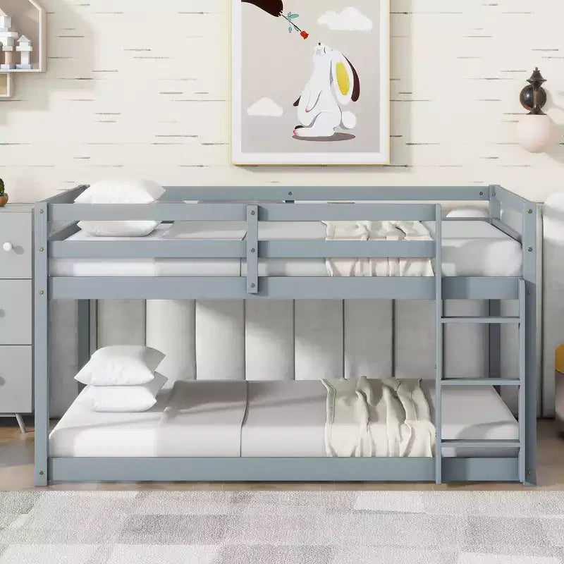 Twin over Twin Low Bunk Bed with Ladder, Guardrails, Plywood Slats and Under-Bed Storage Space