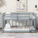 Twin over Twin Low Bunk Bed with Ladder, Guardrails, Plywood Slats and Under-Bed Storage Space