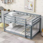 Twin over Twin Low Bunk Bed with Ladder, Guardrails, Plywood Slats and Under-Bed Storage Space