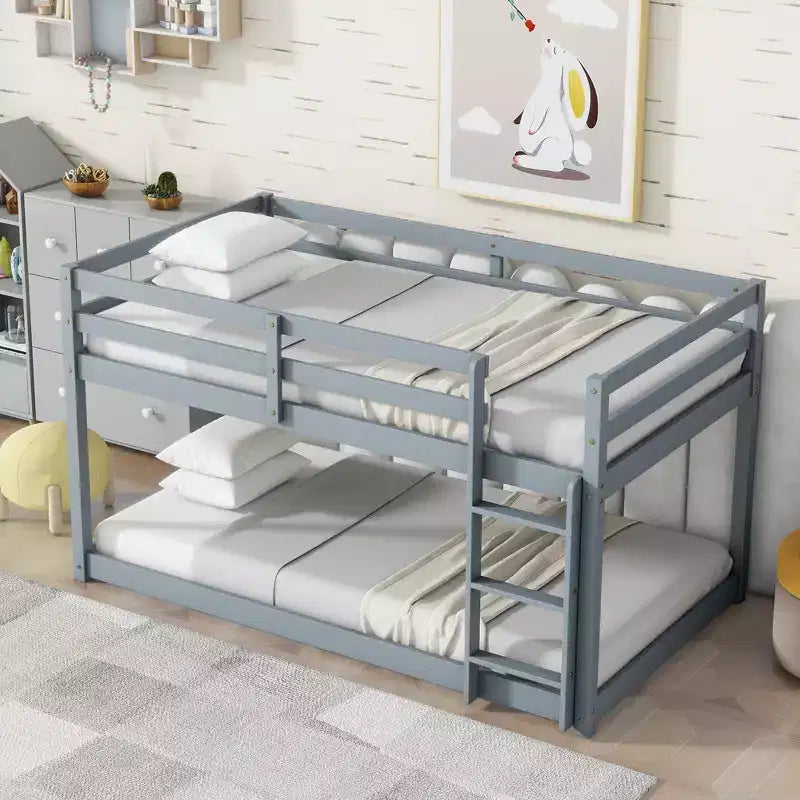 Twin over Twin Low Bunk Bed with Ladder, Guardrails, Plywood Slats and Under-Bed Storage Space