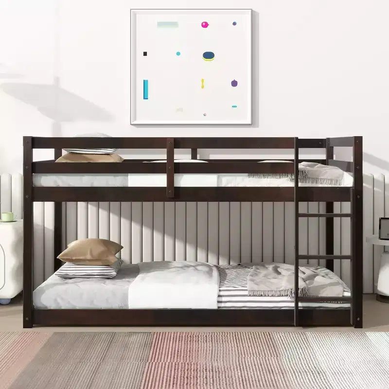 Twin over Twin Low Bunk Bed with Ladder, Guardrails, Plywood Slats and Under-Bed Storage Space