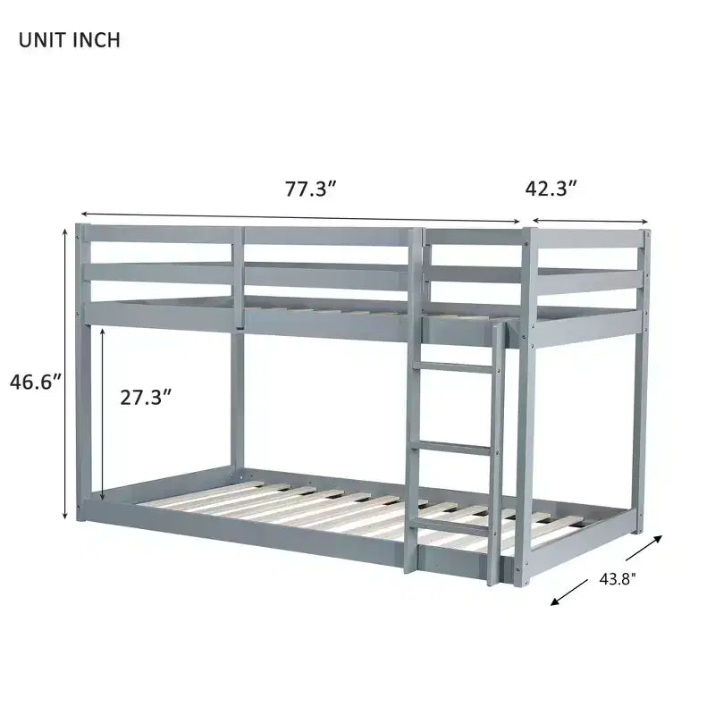 Twin over Twin Low Bunk Bed with Ladder, Guardrails, Plywood Slats and Under-Bed Storage Space