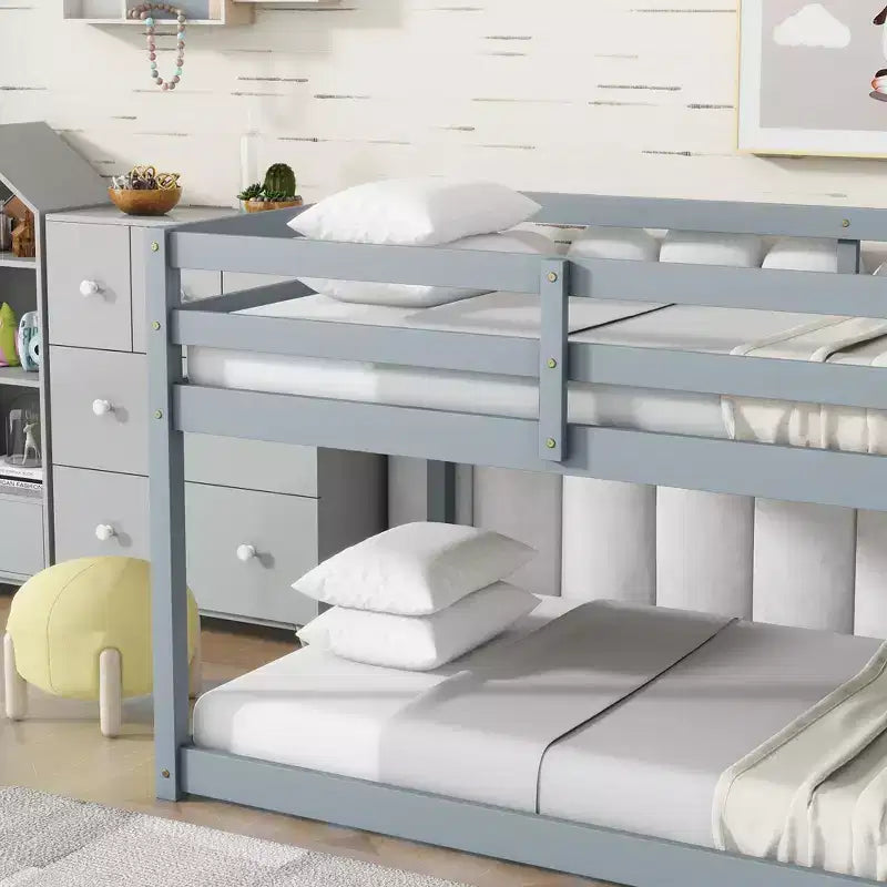 Twin over Twin Low Bunk Bed with Ladder, Guardrails, Plywood Slats and Under-Bed Storage Space