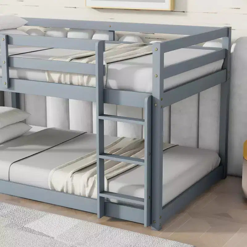 Twin over Twin Low Bunk Bed with Ladder, Guardrails, Plywood Slats and Under-Bed Storage Space