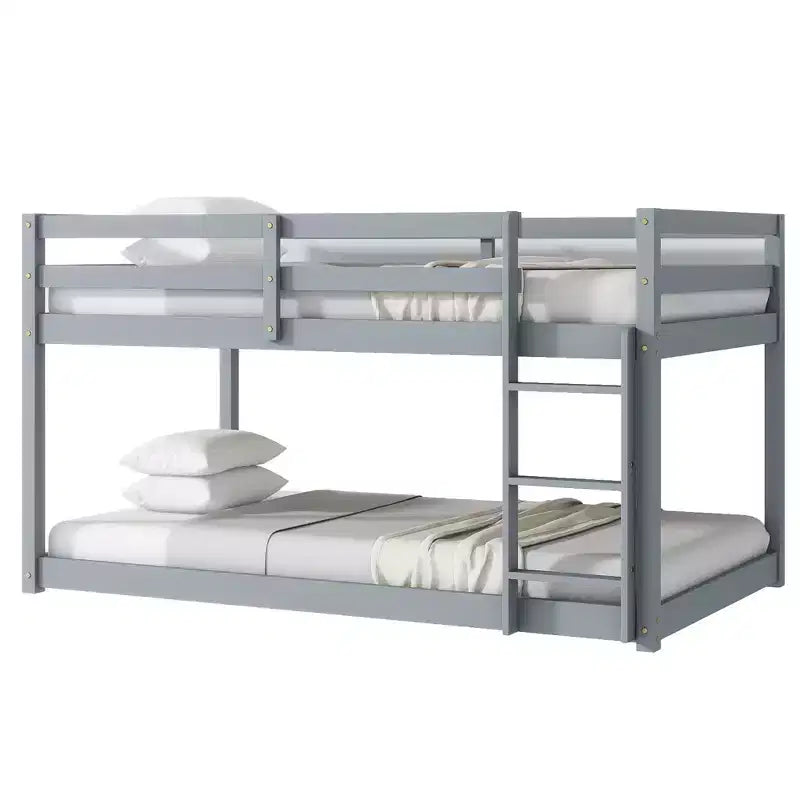 Twin over Twin Low Bunk Bed with Ladder, Guardrails, Plywood Slats and Under-Bed Storage Space