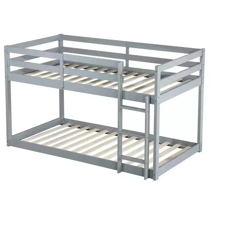 Twin over Twin Low Bunk Bed with Ladder, Guardrails, Plywood Slats and Under-Bed Storage Space