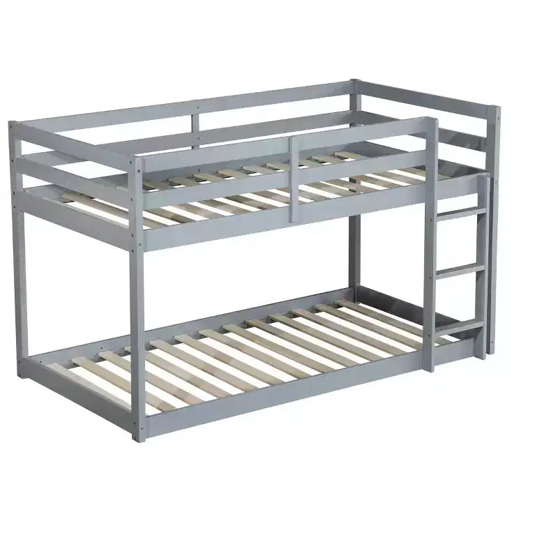Twin over Twin Low Bunk Bed with Ladder, Guardrails, Plywood Slats and Under-Bed Storage Space