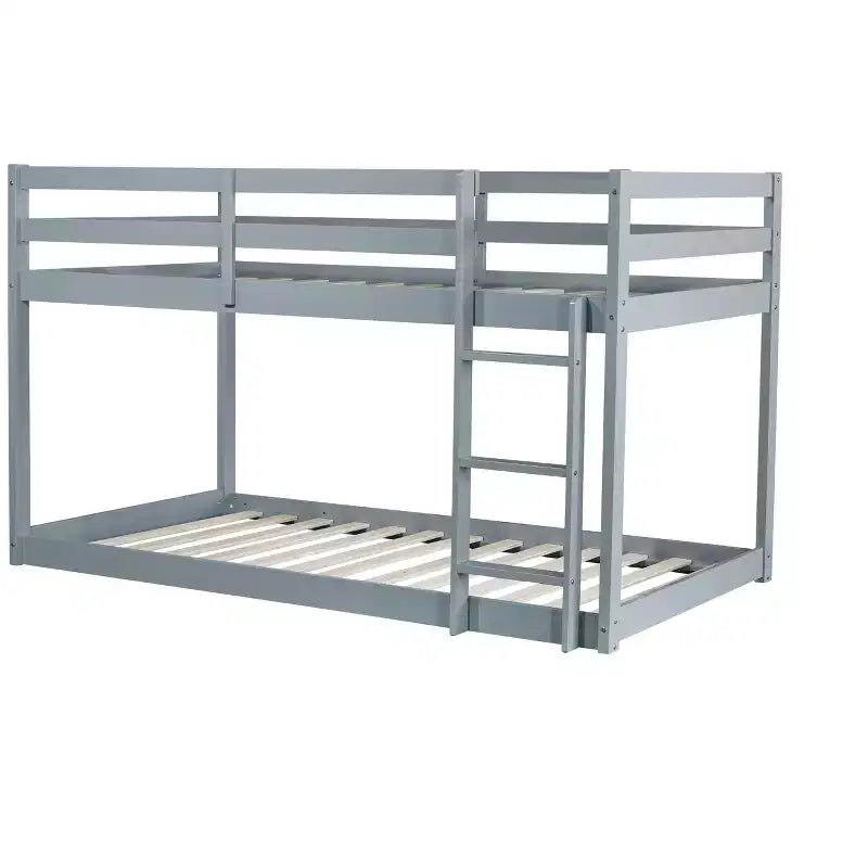 Twin over Twin Low Bunk Bed with Ladder, Guardrails, Plywood Slats and Under-Bed Storage Space