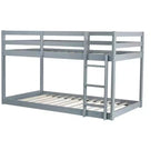 Twin over Twin Low Bunk Bed with Ladder, Guardrails, Plywood Slats and Under-Bed Storage Space