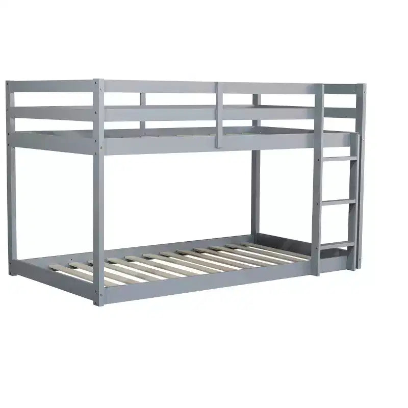 Twin over Twin Low Bunk Bed with Ladder, Guardrails, Plywood Slats and Under-Bed Storage Space