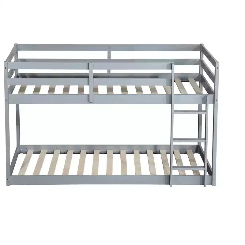 Twin over Twin Low Bunk Bed with Ladder, Guardrails, Plywood Slats and Under-Bed Storage Space