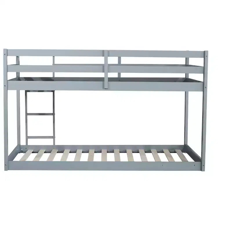 Twin over Twin Low Bunk Bed with Ladder, Guardrails, Plywood Slats and Under-Bed Storage Space