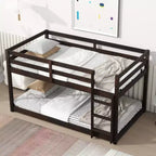 Twin over Twin Low Bunk Bed with Ladder, Guardrails, Plywood Slats and Under-Bed Storage Space