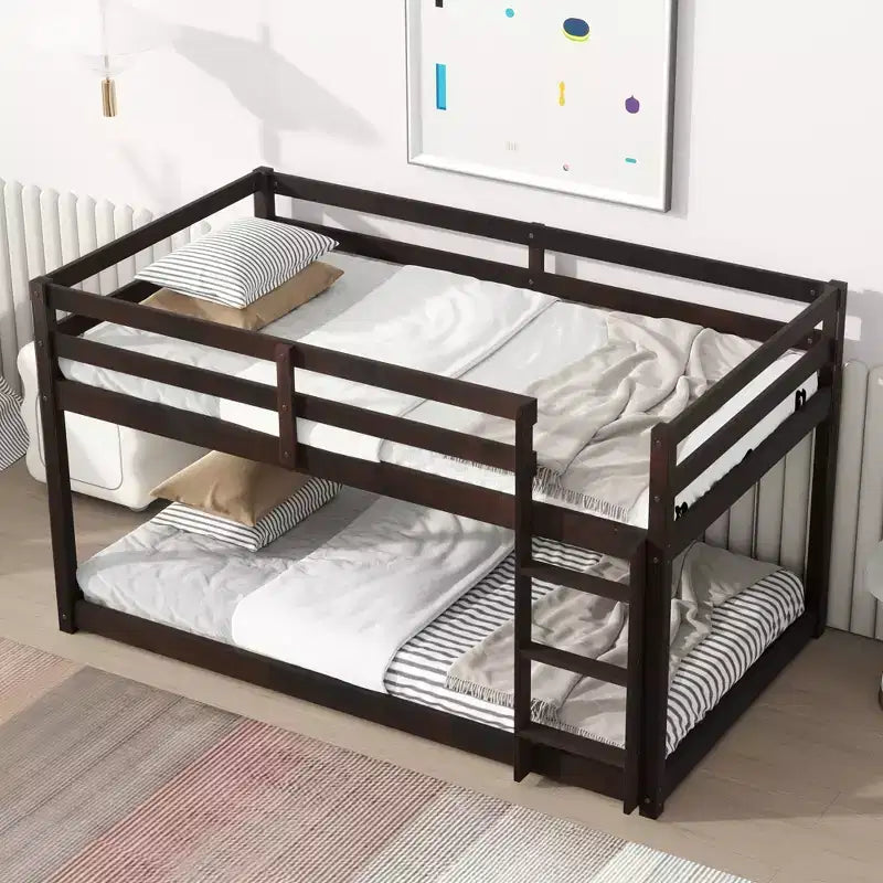 Twin over Twin Low Bunk Bed with Ladder, Guardrails, Plywood Slats and Under-Bed Storage Space