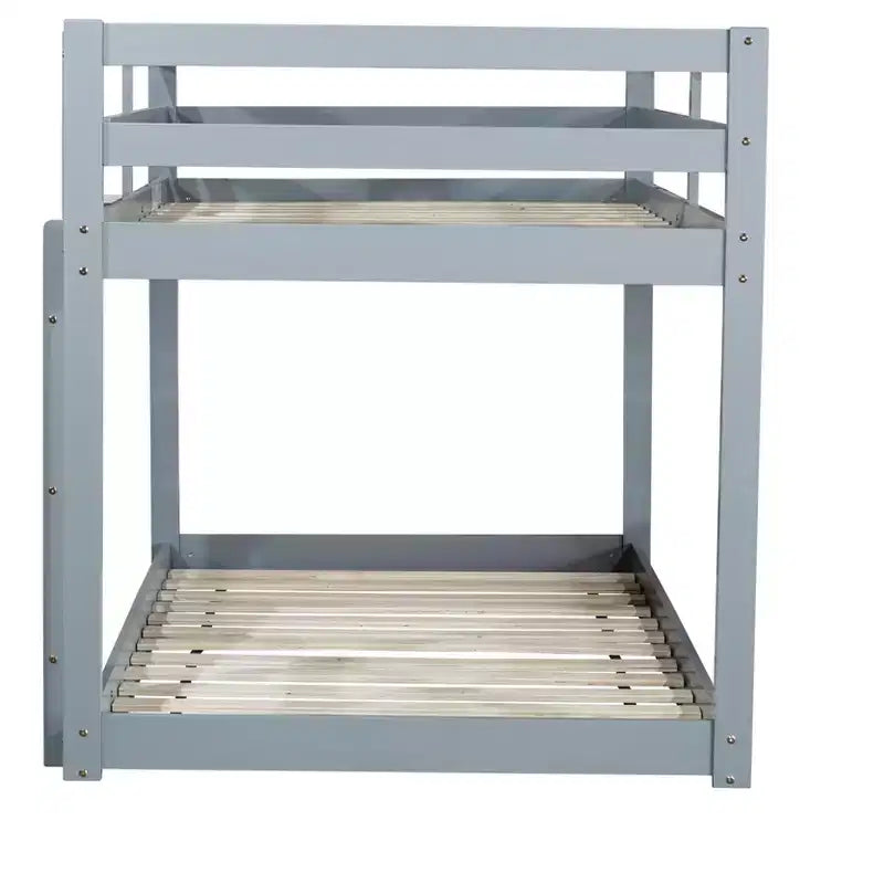 Twin over Twin Low Bunk Bed with Ladder, Guardrails, Plywood Slats and Under-Bed Storage Space