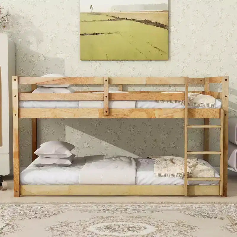 Twin over Twin Low Bunk Bed with Ladder, Guardrails, Plywood Slats and Under-Bed Storage Space